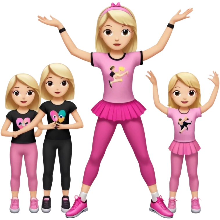 Hiphop dancer, with cute big pants, sneakers, and t-shirt. White girl blond. Coloufull shirt. No pocket pants. Dancing. Pink and black plain outfit. No sweatbands on the wrist, black music box behind her. Ballerina pose. with dancing kids behind her. With a music box emoji