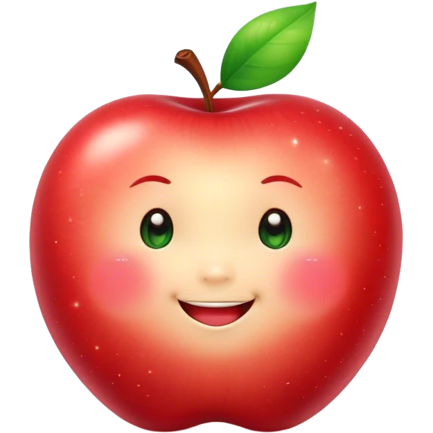 Cute Kawaii Apple, round and plump, bright shiny red with a tiny green leaf, chubby cheeks, sparkling eyes, a happy smile, soft glowing highlights, radiating fresh sweetness! emoji