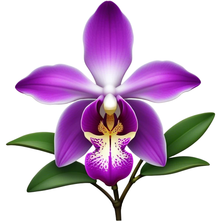 Cinematic Realistic Orchid Emoji, Exotic and elegant, with intricate, velvety petals in deep purple and white, forming a delicate and symmetrical blossom. The slender green stem holds the flower high, while surrounding leaves add lush contrast. Soft glowing outline, capturing the essence of rare beauty and sophistication in a captivating orchid. emoji