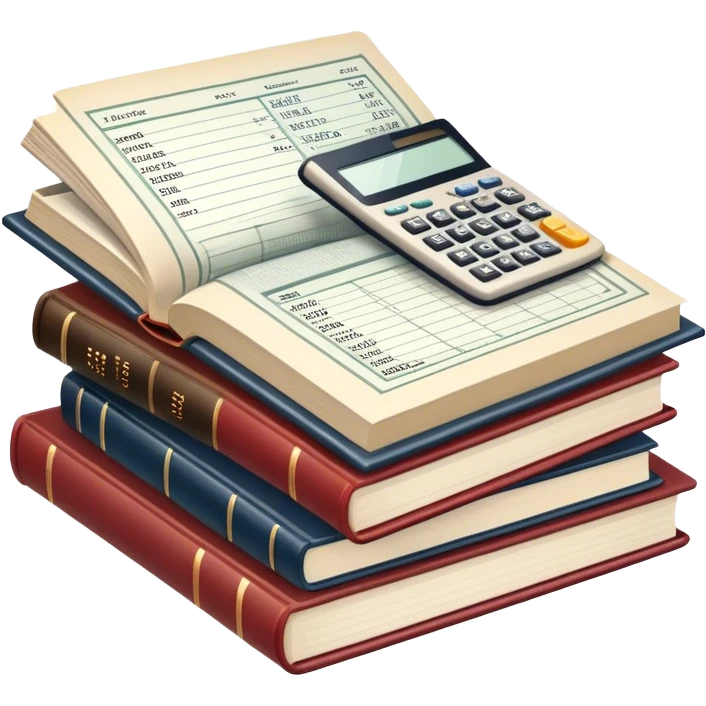 Icon for Business Reading: an open book with graphs, numbers, percentages, formulas, and text on the pages, next to a stack of books, a pile of dollars, a calculator and business magazines like Forbes. Transparent background. emoji
