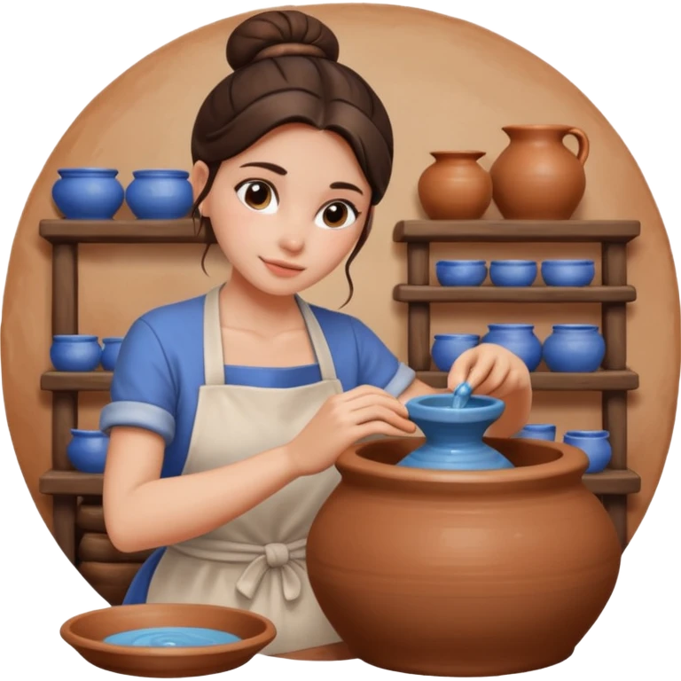 Brunette girl with bun, behind pottery wheel emoji