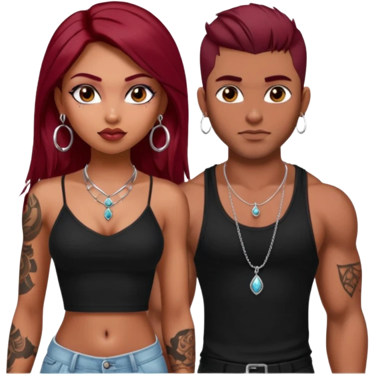 a pretty bratz fair indian girl with dark red straight hair, black cami top, silver dainty necklaces, rings, hoops, tattoos standing with two handsome lean but muscled guys emoji