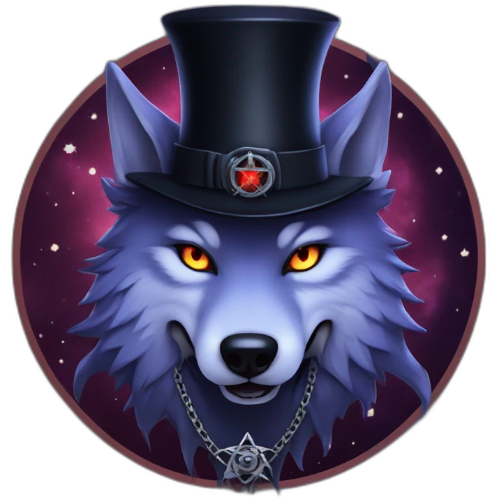 demonic wolf with a pentagram top hat and a pentagram chain with a haunting night background emoji