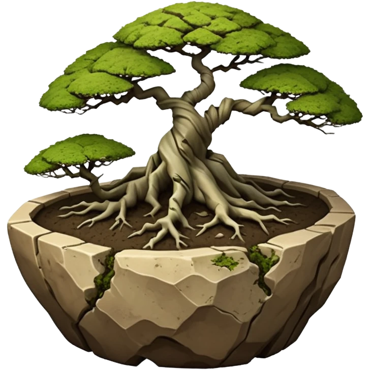 Roots Stoneware akadama moss on soil irregular angular Stone Age rocks cracked and broken forming a very shallow bonsai pot sans(without) tree  emoji