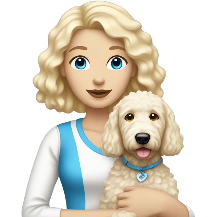 White lady with blonde hair and blue eyes and her white golden doodle dog emoji
