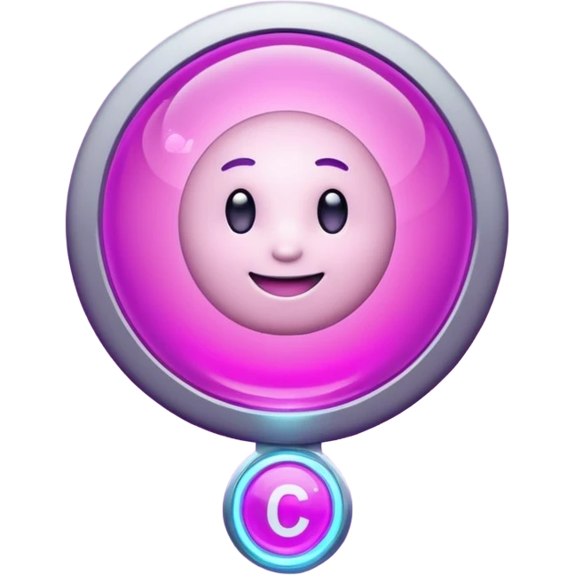 Friendly round AI mascot with a neon C badge, floating hologram in hands, purple-magenta glow. emoji