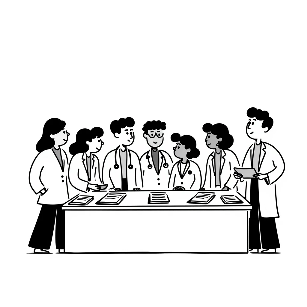 Hand-drawn meeting of emergency medical fund committee with doctors, nurses and financial documents emoji