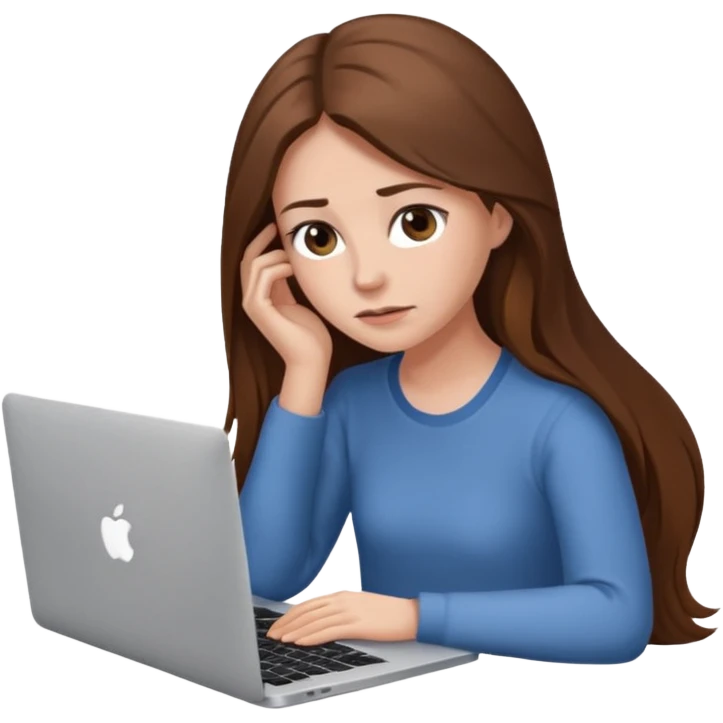 create a woman long hair brown, sitting with her macbook looking tired emoji