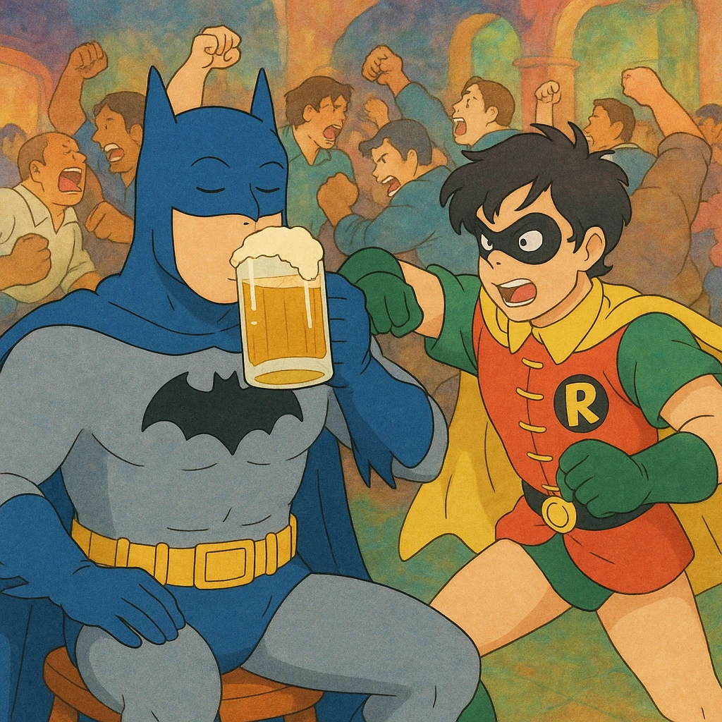 Batman and Robin in a brawl, Batman sipping beer, ghibli style emoji