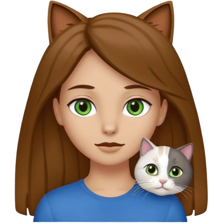 Crea un emoji donde salga un chico de pelo moreno con los ojos claros, una chica de pelo morena con los ojos marrones y UN gato europeo comun de pelaje oscuro y ojos verde claro, quiero que se esten abrazando el chico y la chica, y el gato este en el medio de los dos emoji
