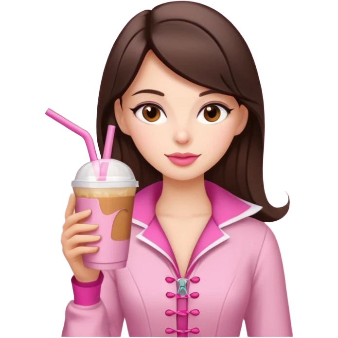 white brunette with brown eyes and a pink coquette outfit, drinking a caramel machiatto emoji
