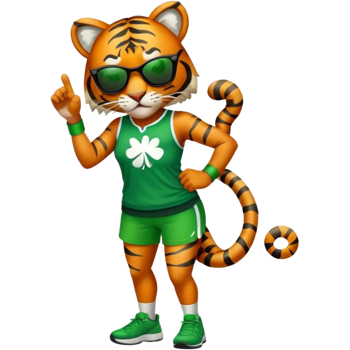 female energetic anthropomorphised tiger in full body, wearing St. Patrick's Day themed sportswear and dark sunglasses emoji