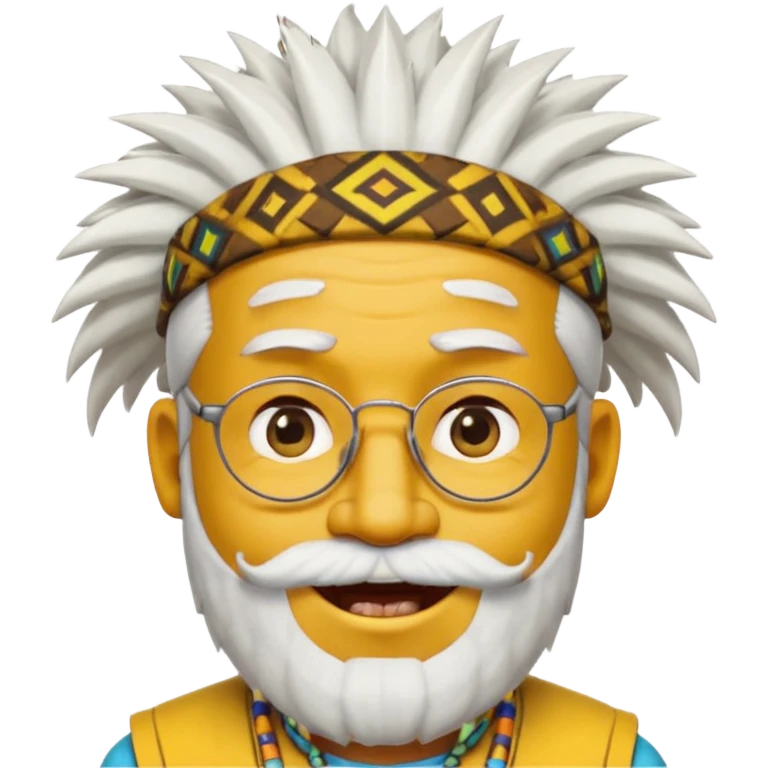 50 year old man, spiky hair, winking one eye, smiling brightly, black skin, raised eyebrows, wearing glasses, white hair and beard, wearing a yellow hat like a tribal chief, emoji style, style 2 emoji