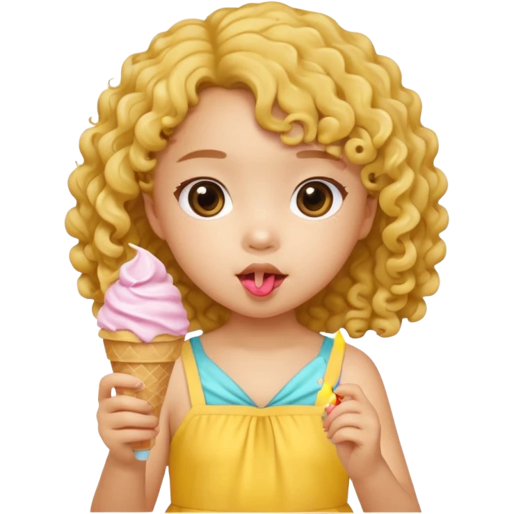 a little asian girl kid with curly hair, yellow dress, eat ice cream emoji