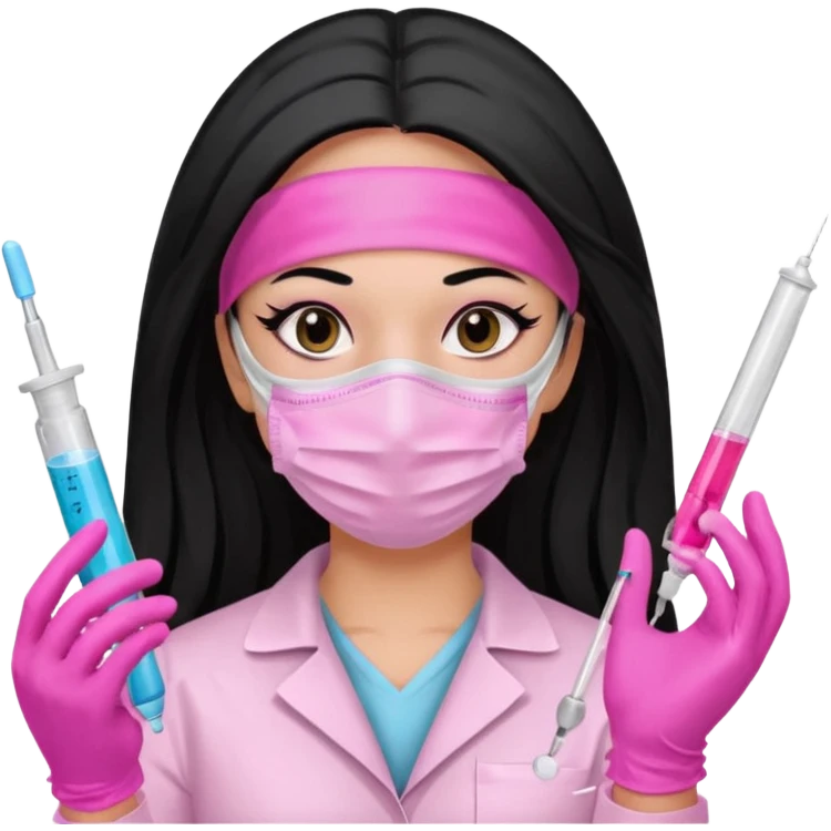 laboratorista con guantes rosa y mascarilla rosa  jeringa tubo laboratorio sin lentes  y  ojos negro cabello largo negro emoji