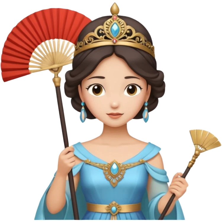 Princess Iron Fan, ancient style long dress, holding iron fan, beautiful headwear, gentle expression emoji