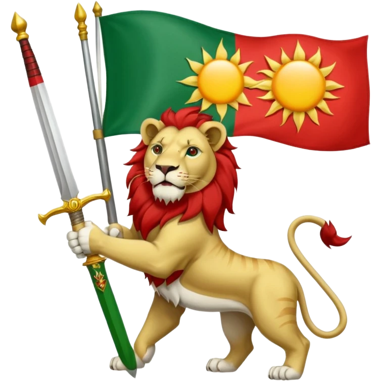 Make flag with three color, upper color should be green and middle be white and in down should be red, and add a lion with a sword on his hand and a sun in his back in the middle of flag in white color. emoji