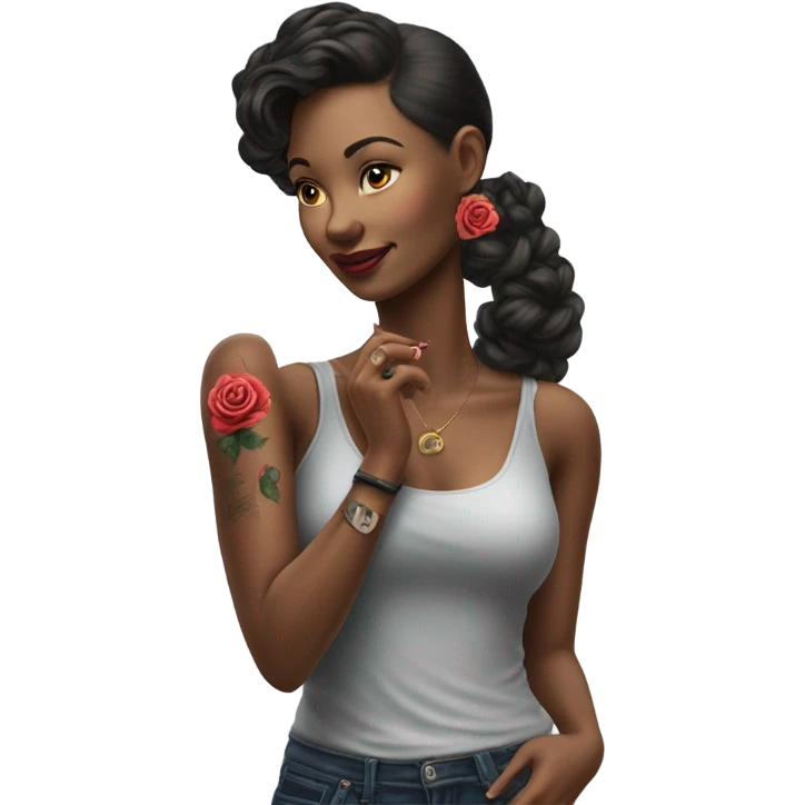 Hyper Realistic beautiful woman model with a small rose tattoo talking on a phone  emoji