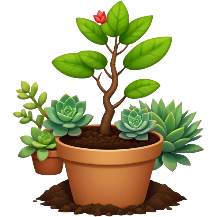 Close-up of a potted sapling in rich soil surrounded by vibrant plants and succulents. Bright sunlight filters through the window, casting soft shadows. Nearby gardening tools rest on a wooden table. Cozy indoor atmosphere with greenery and flowers. emoji