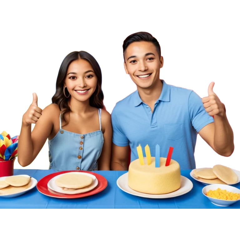 party table decorated with red blue and yellow colors, including a backdrops, balloons arch, streamers and more. On the table are intricate displays of colombian arepas, and baskets of money. In the forefront is a woman and man in simple clothing, big smiles and big thumbs up emoji