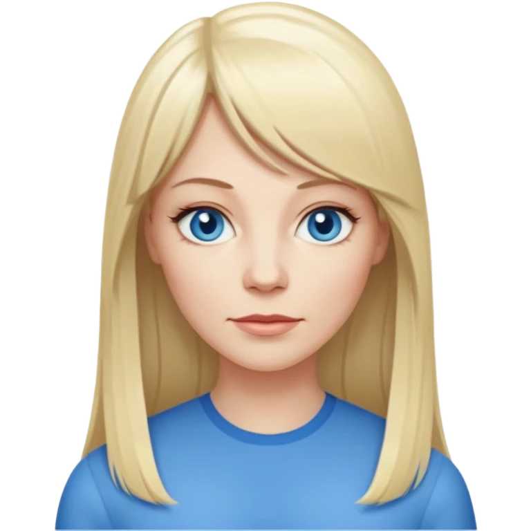 40 yr old white woman, pale skin, long straight blond hair parted in center, blue eyes, bangs emoji