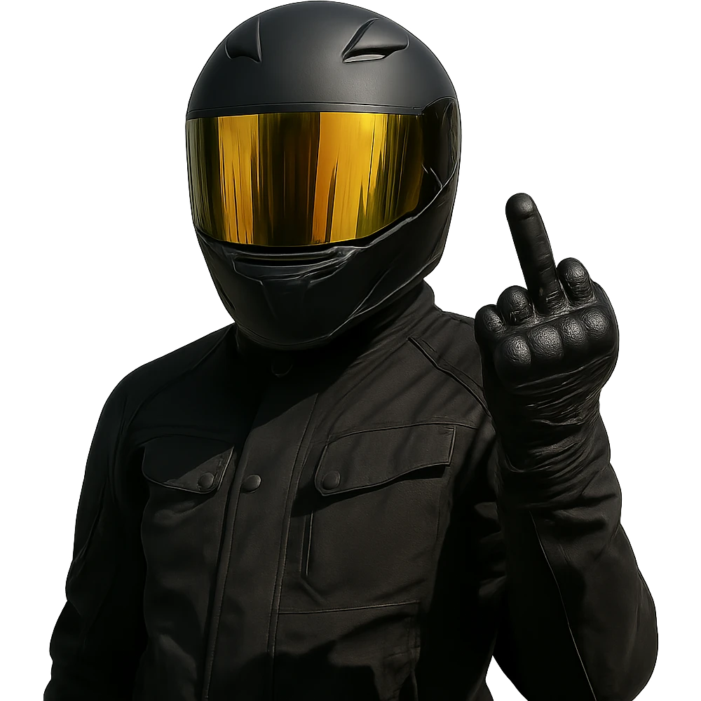 A motorcyclist in a black helmet with a golden visor flipping the bird emoji