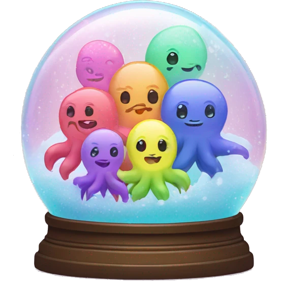 Kawaii rainbow pastel family of sea monsters in neon snow globe  emoji