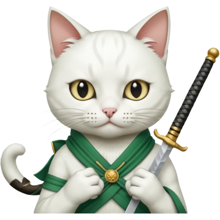un gato blanco con reeferencia a rororoa zoro "una espada en cada mano y una en la boca" emoji