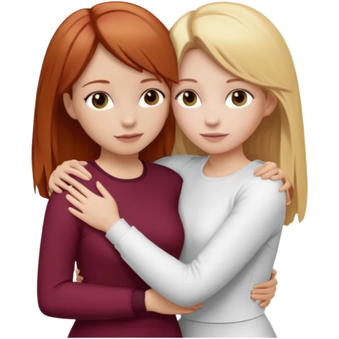 two girls who hug eachother. one has auburn hair with blonde highlights and very pale skin , other has medium-fair skin and blonde hair. girl with auburn or dark blonde hair is wearing a white outfit and girl with blonde hair is wearing a burgundy outfit emoji