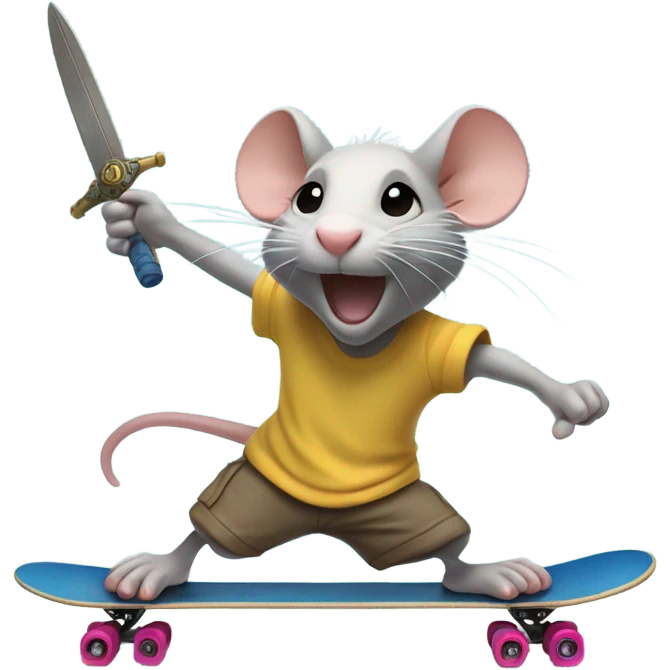 Rat riding a skateboard with a sword in hand and a fish flopping around on the ground emoji