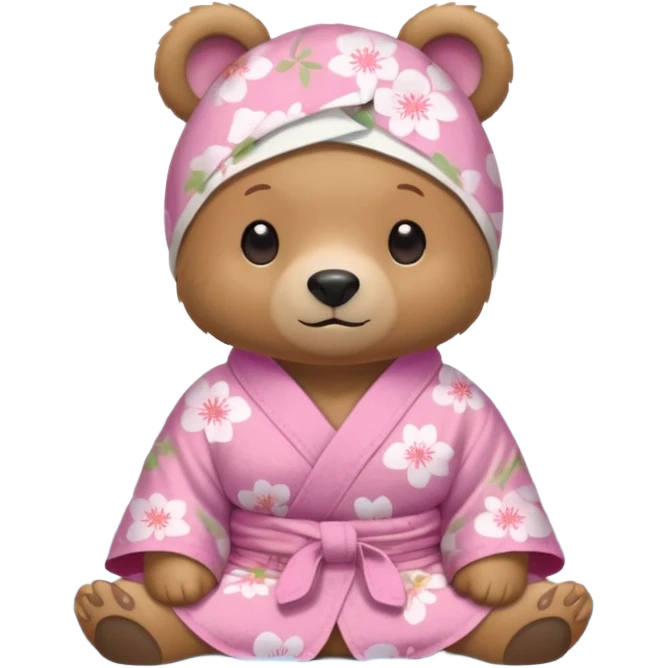 A cute light-brown bear wearing a pastel pink sakura-patterned yukata loosely, normal balanced body ratio.  
Relaxing in a warm hot spring with steam around, a small towel on the head, peaceful happy expression.  simple scenic background with rocks. emoji
