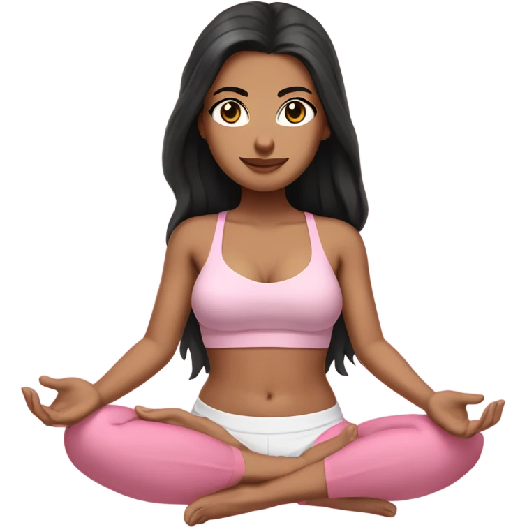 A white girl with brown eyes and black long hair,  is sitting in a lotus position in a pink bra top and short white skirts emoji