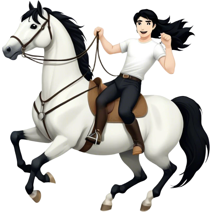 A hand-drawn, black-and-white digital illustration in a playful, cartoonish style. A man with solid black hair and solid black pants is riding a horse, holding the reins with confidence. He has a joyful and adventurous expression as the horse moves forward with energy. The horse has a flowing solid black mane and tail, with strong, bold lines emphasizing its movement. Its legs are slightly bent, giving a sense of action. The background is minimal, keeping the focus on the rider and the horse emoji