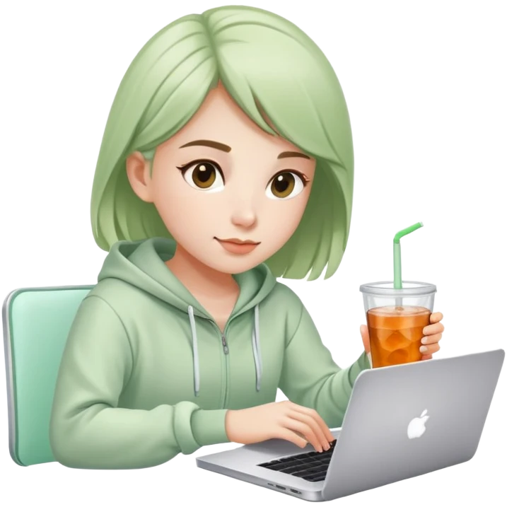 Girl sitting at laptop with iced fruit tea, light sage green tracksuit outfit, working from home emoji