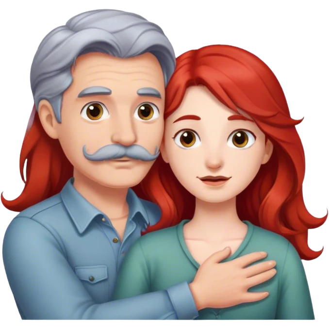 Long red hair girl and gray hair boy with mustache hugging emoji