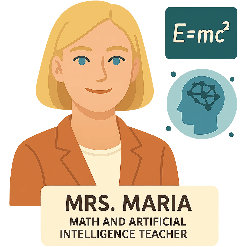 flat design style Mrs. Maria, math and artificial intelligence teacher, no glasses, thin nose, blonde eyebrows, blonde bob hair, blue eyes emoji
