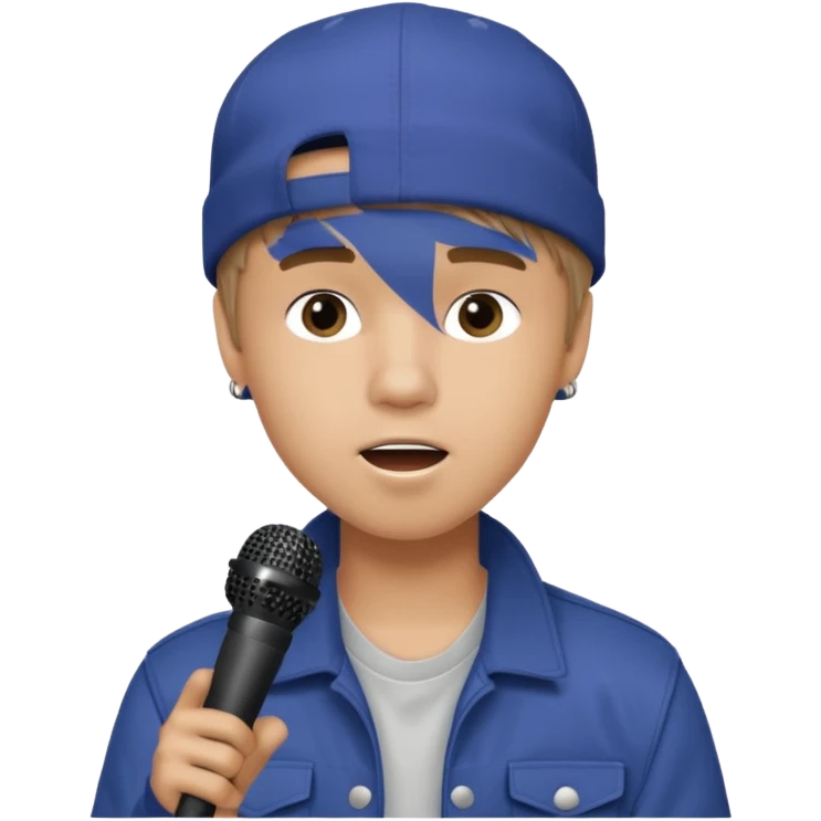 Justin Bieber, around 16, casual clothes, singing into mic emoji