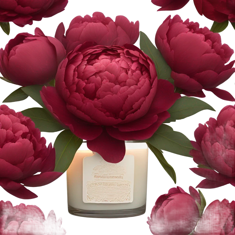 A cluster of deep red peonies and a flickering candle, tied together with a delicate lace ribbon emoji