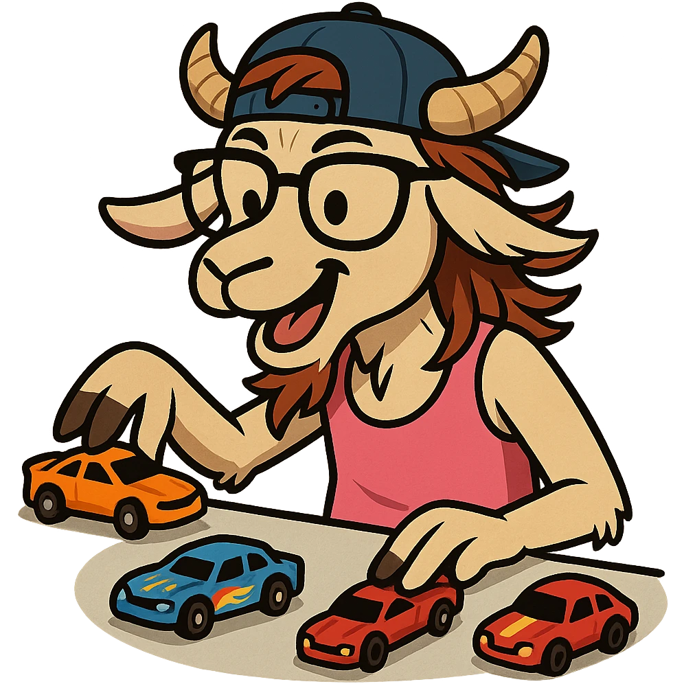 goat for Telegram stickers inspired by reference https://attic.sh/feoducyurkpqwz0la088soao98sx: wearing a cap, glasses, mullet hairstyle, pink drunkard tank top, playing with hot wheels cars emoji