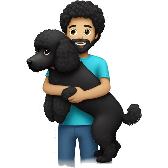 Black-haired and white guy with beard hugs black poodle dog  emoji