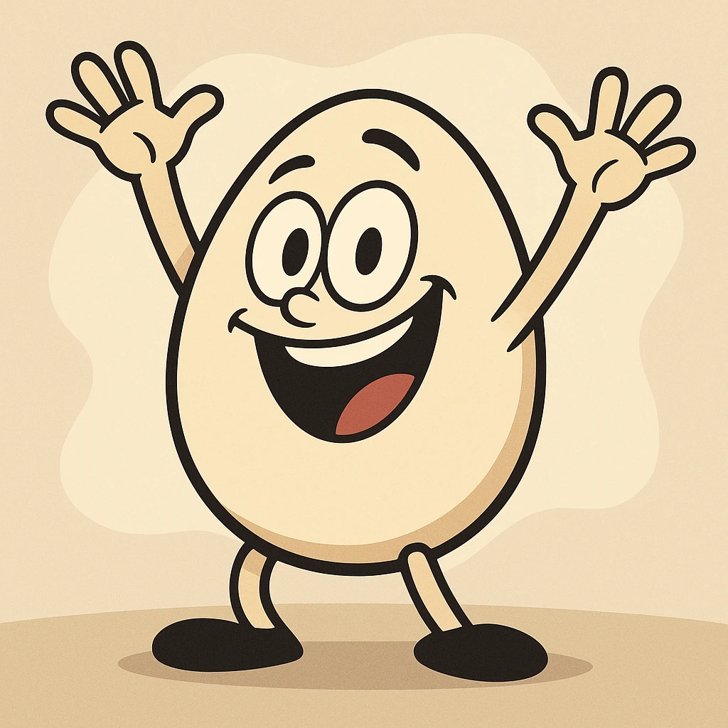 an egg mascot with hands in the air, joyful, flat illustration style emoji