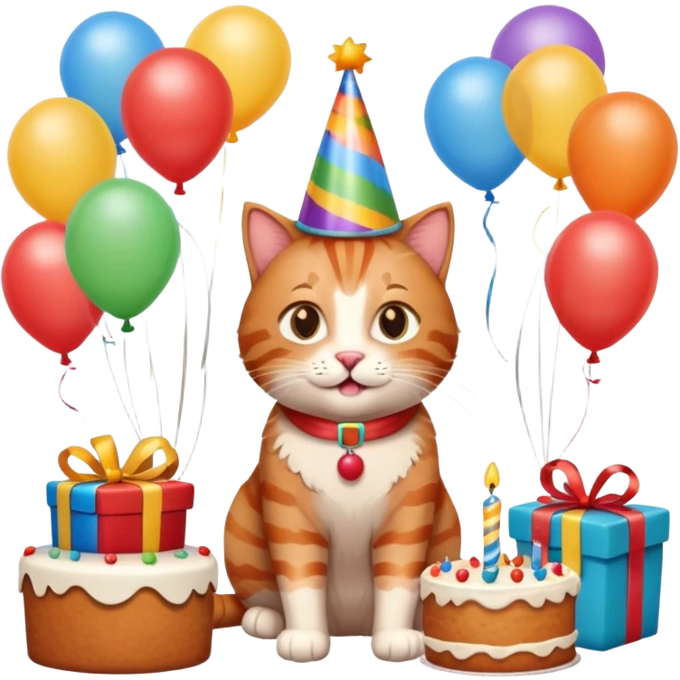 Ginger tabby cat celebrating birthday, birthday hat, birthday cake, balloons, happy, gifts emoji