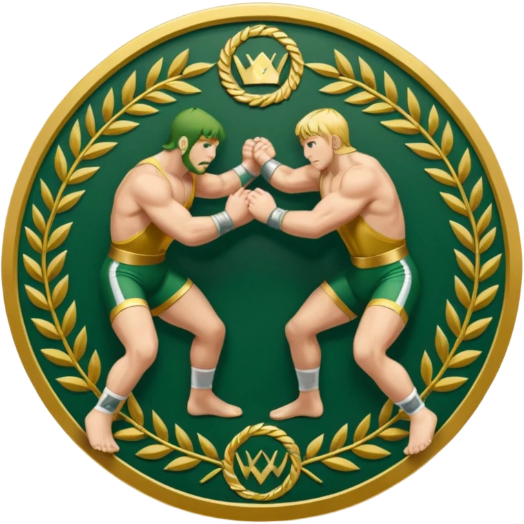 An icon symbolizing wrestling combat sports in the style of an emblem. The design features two wrestlers locked in a powerful grapple, one attempting to take the other down. Surrounding the scene are stylized elements like a championship belt, wrestling mat, and a laurel wreath. emoji