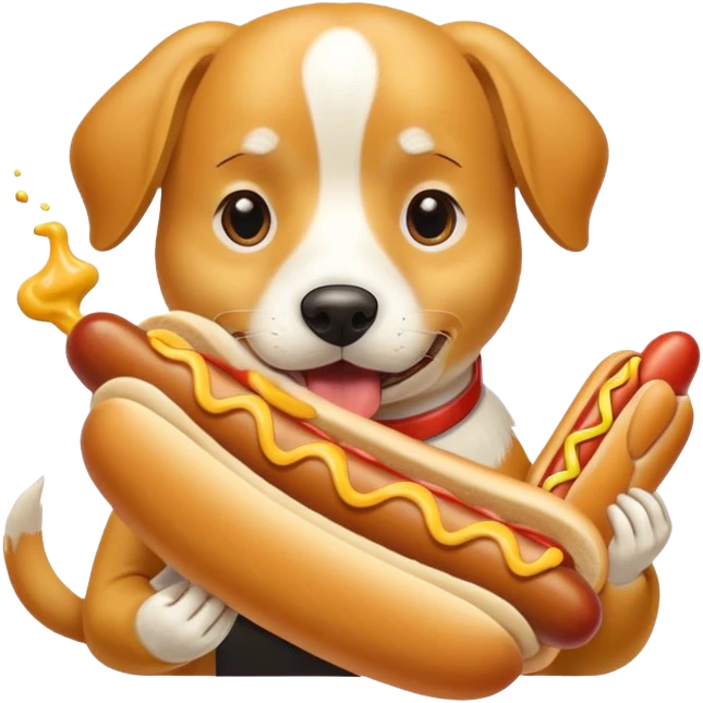 White and tan dog eating a hot dog emoji