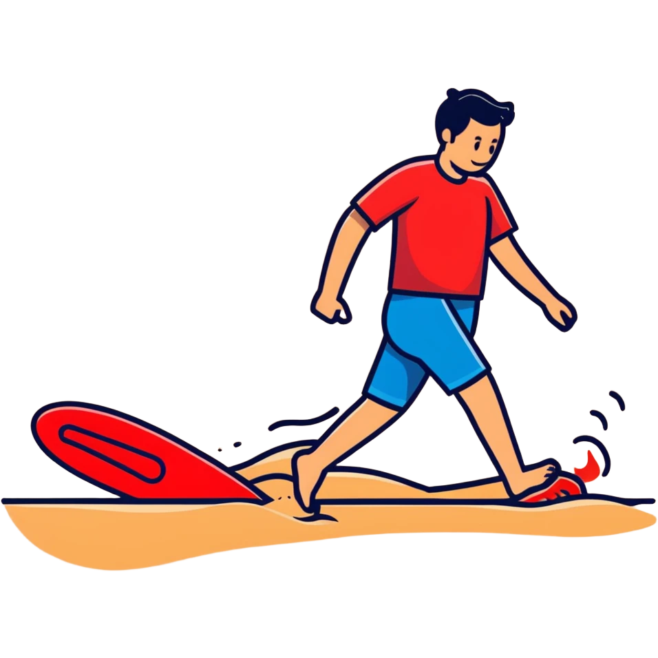 person hopping on hot beach sand with red pain marks on foot and steam rising from the sand emoji