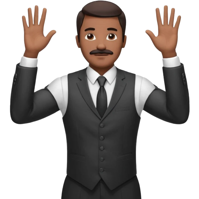 

“A confident man with medium-dark skin tone wearing a suit, tie, and vest, holding both hands up with fingers spread, making a ‘calm down’ or ‘I’m just saying’ gesture. His eyes are closed, and he has a mustache, giving a vibe of laid-back confidence or mock innocence. emoji