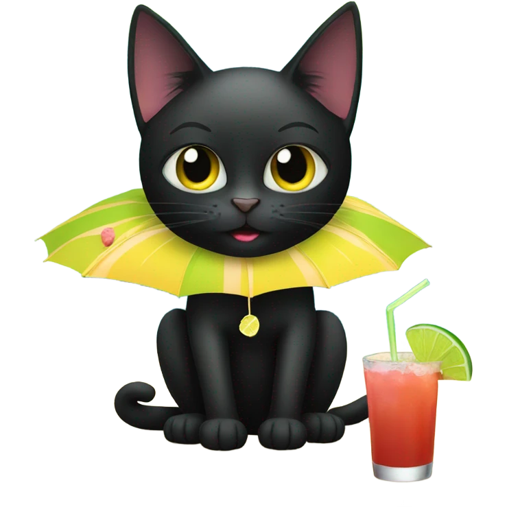 Black cat on the beach drinking a margarita  emoji