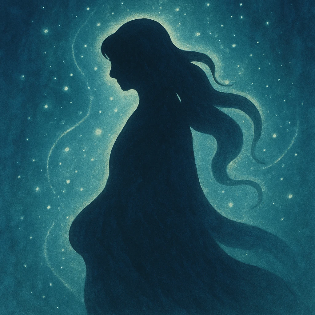 silhouette of a figure with flowing curves, radiating stillness and mystery, surrounded by shimmering energy emoji
