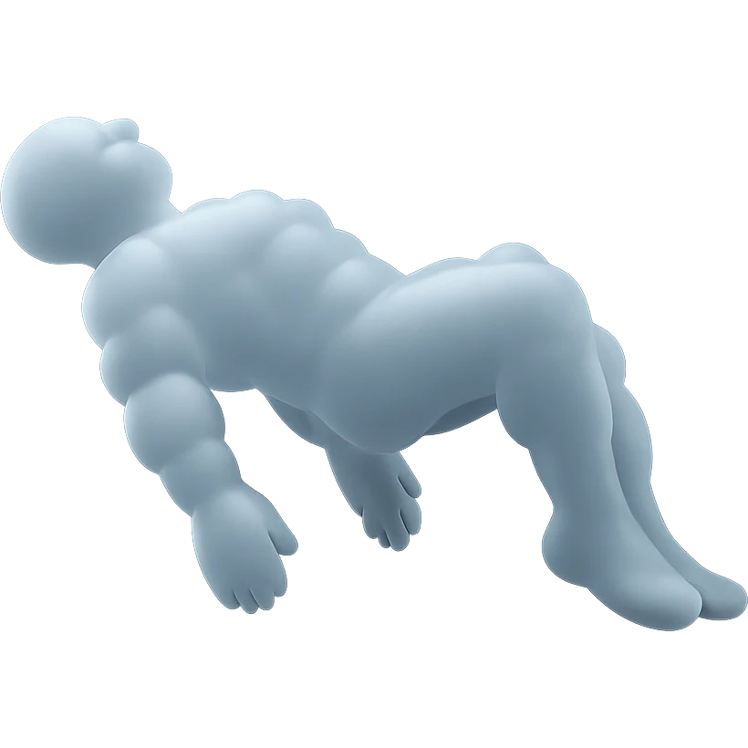 side view of unconscious person flying torso up, legs and arms down, made of small very bright white fluffy convex clouds, matte glass style emoji