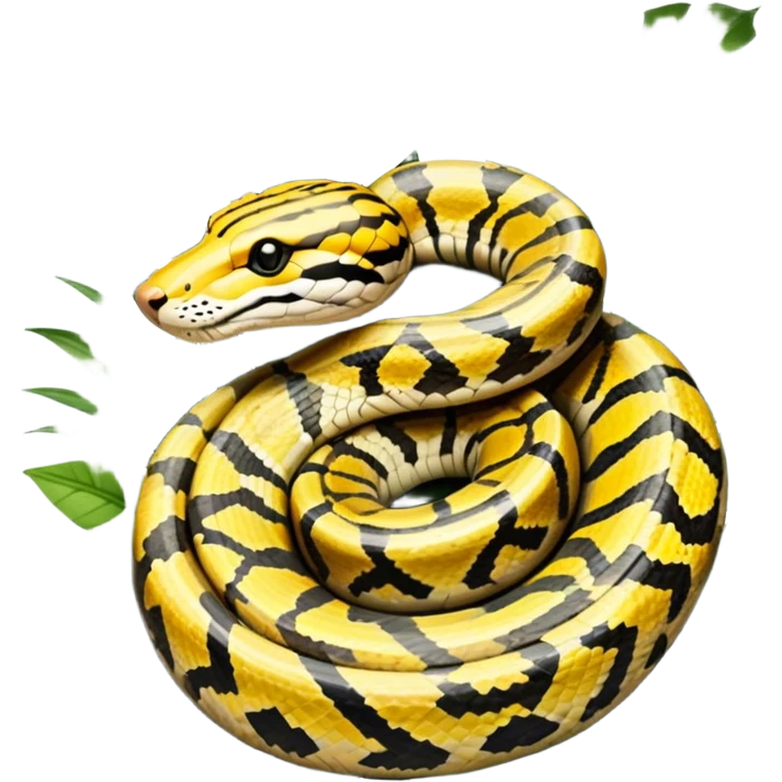 Tiger python coiled up on the ground, blending with the dense jungle foliage. Its distinct orange and black stripes stand out against the vibrant green of leaves and plants. Sunlight filters through the trees, highlighting the snake's patterned scales. Transparent background. emoji